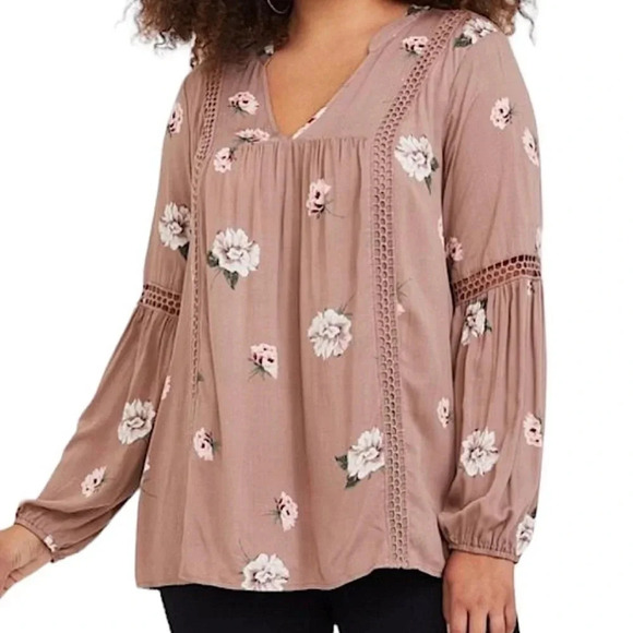 TORRID Beige Twill Eyelet Floral Print Popover Boho Peasant Blouse Size 0 - Picture 1 of 10